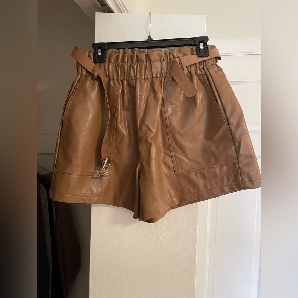 Faux Leather Shorts High Waisted Elastic Band Belted Shorts Flared Leg